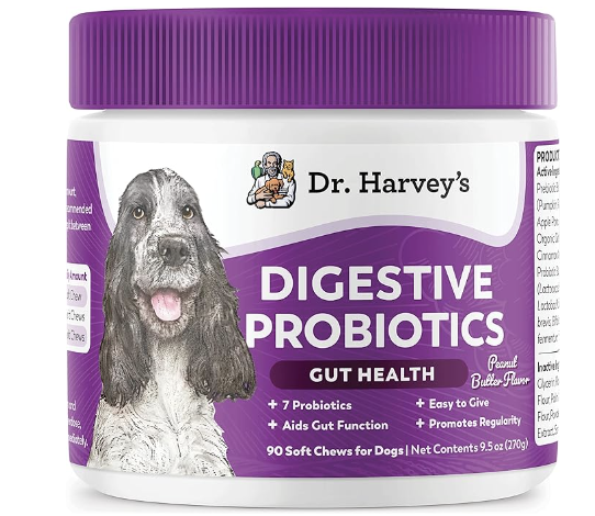 Product shot: Dr. Harvey's digestive probiotics in purple and white container